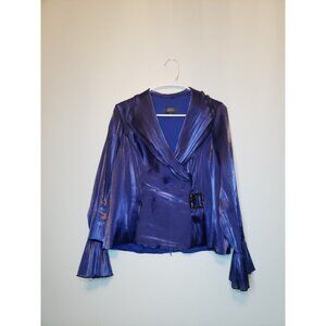 Dressbarn Collection Womens 10 Jacket Top Blue Shiny Long Ruffled Sleeve V Neck